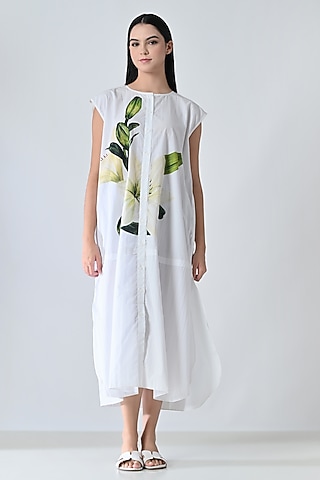 Off-White Cotton Botanical Printed Midi Gathered Dress by Samant Chauhan
