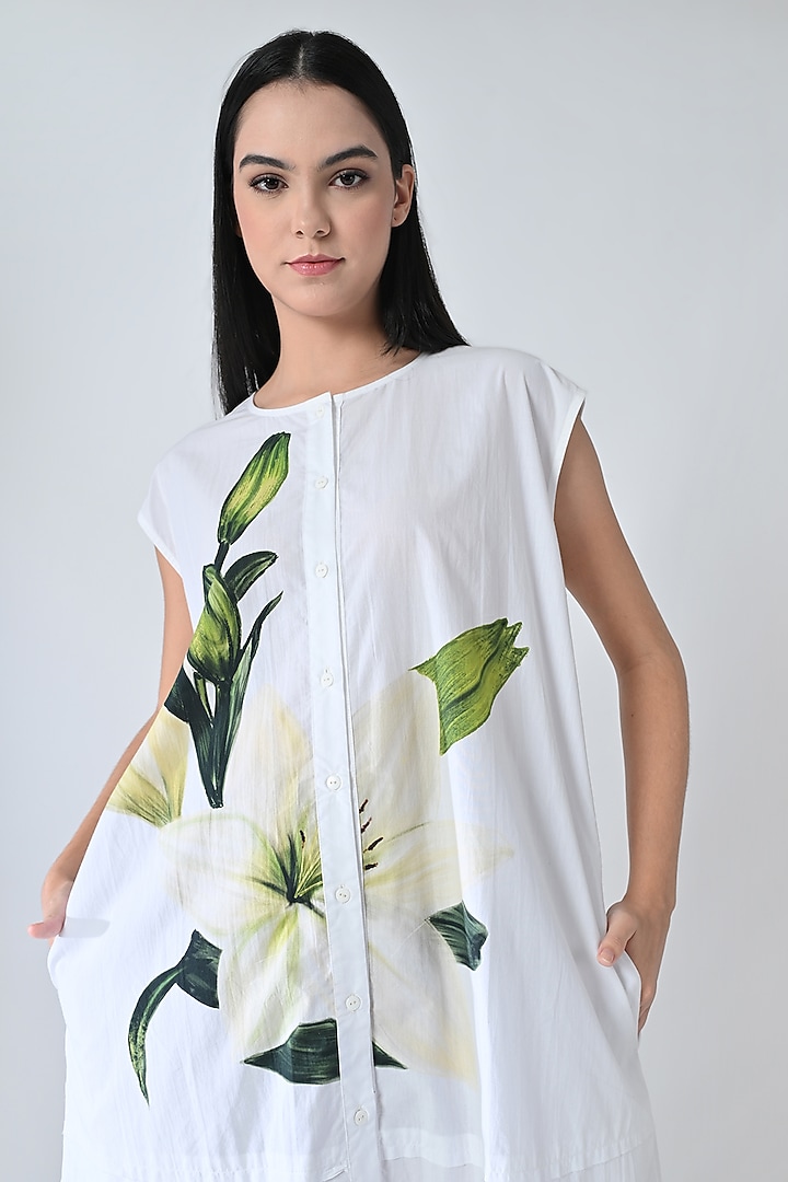 Off-White Cotton Botanical Printed Midi Gathered Summer Dress by Samant Chauhan at Pernia's Pop Up Shop