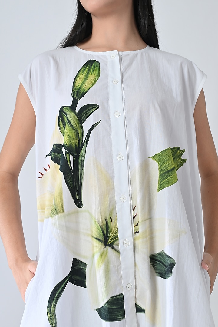 Off-White Cotton Botanical Printed Midi Gathered Summer Dress by Samant Chauhan at Pernia's Pop Up Shop