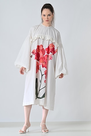 Off-White Cotton Botanical Printed Midi Shirt Dress by Samant Chauhan