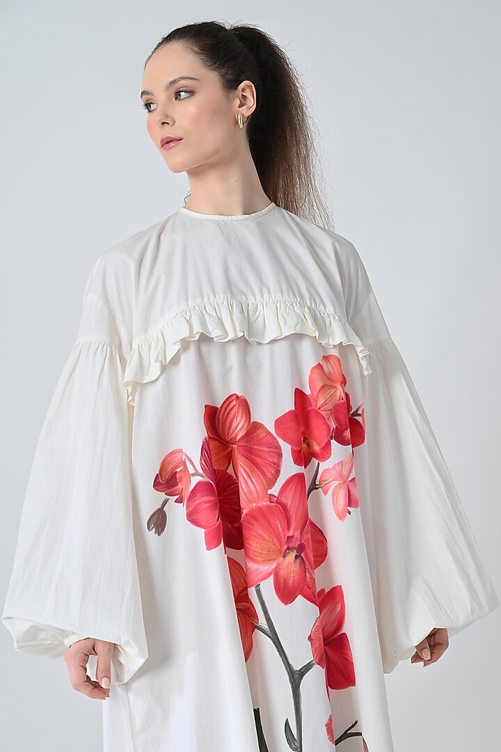 Off-White Cotton Botanical Printed Midi Shirt Vacation Dress by Samant Chauhan at Pernia's Pop Up Shop