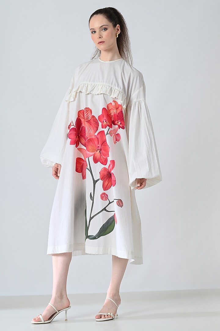 Off-White Cotton Botanical Printed Midi Shirt Vacation Dress by Samant Chauhan at Pernia's Pop Up Shop