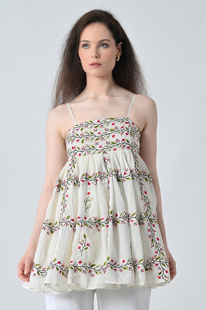 Off-White Cotton Floral Printed Tiered Top by Samant Chauhan at Pernia's Pop Up Shop