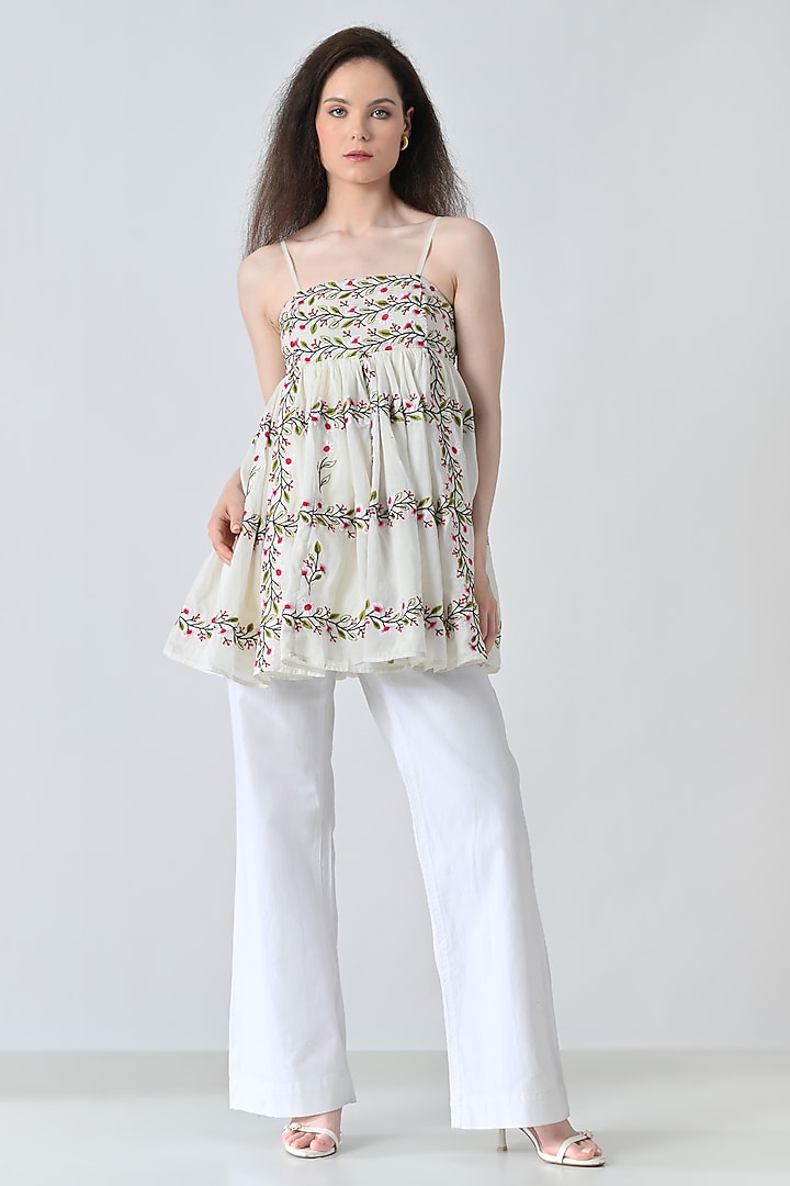 Off-White Cotton Floral Printed Tiered Top by Samant Chauhan at Pernia's Pop Up Shop