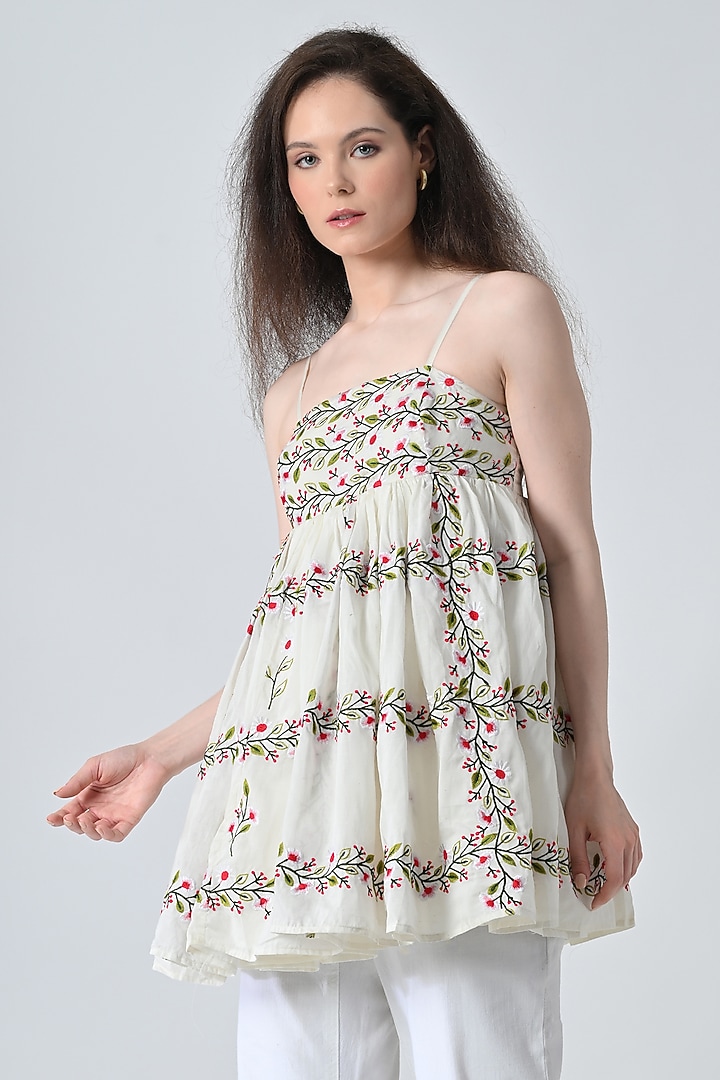 Off-White Cotton Floral Printed Tiered Top by Samant Chauhan at Pernia's Pop Up Shop