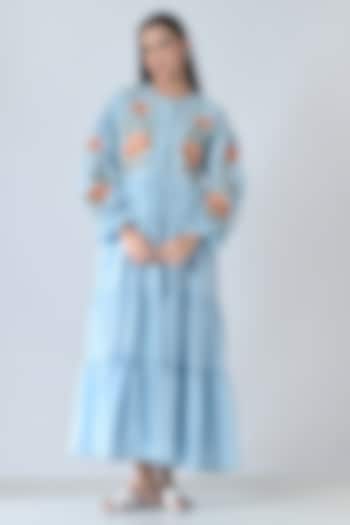 Powder Blue Cotton Floral Embroidered Tiered Midi Vacation Dress by Samant Chauhan at Pernia's Pop Up Shop