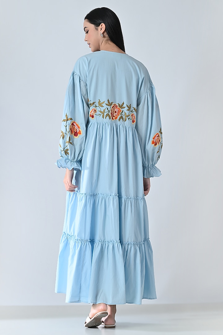 Powder Blue Cotton Floral Embroidered Tiered Midi Vacation Dress by Samant Chauhan at Pernia's Pop Up Shop