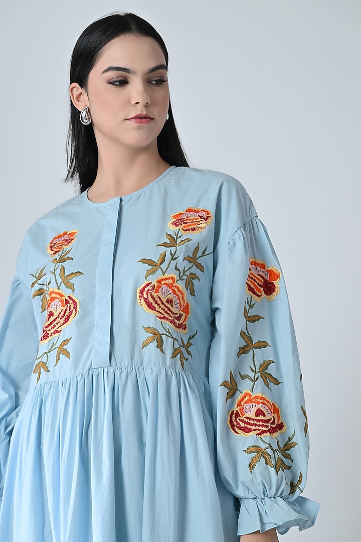 Powder Blue Cotton Floral Embroidered Tiered Midi Vacation Dress by Samant Chauhan at Pernia's Pop Up Shop