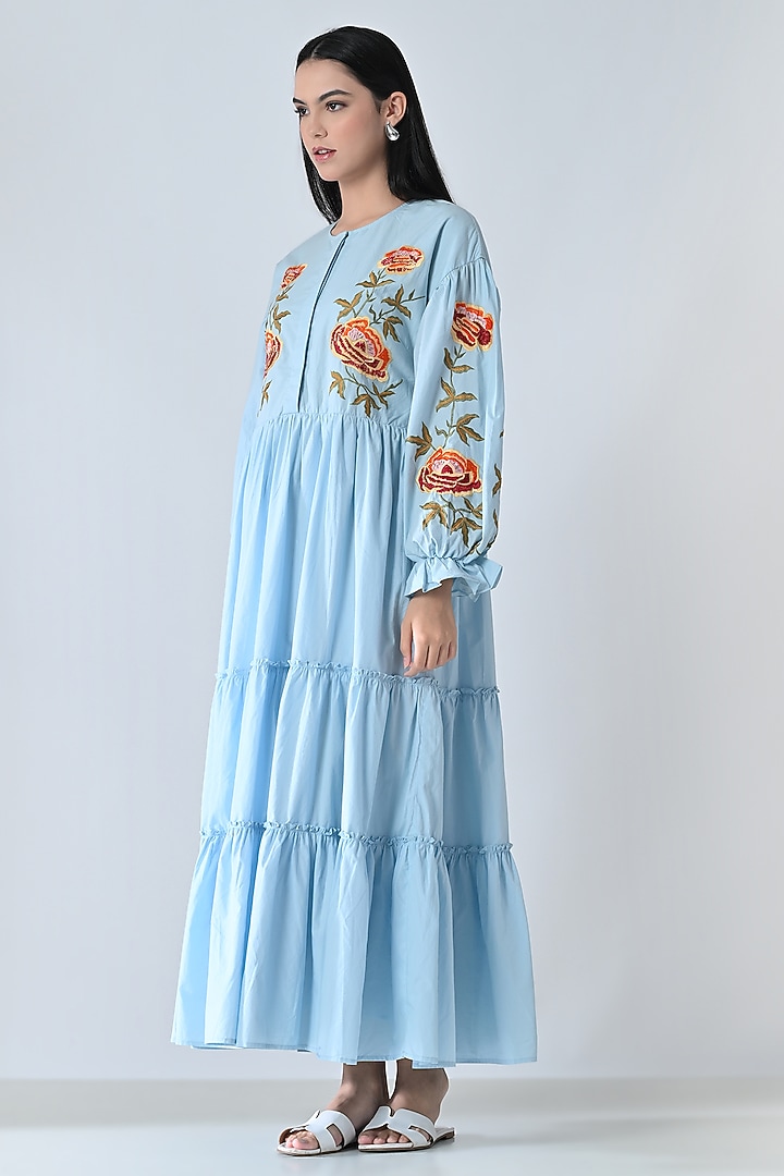 Powder Blue Cotton Floral Embroidered Tiered Midi Vacation Dress by Samant Chauhan at Pernia's Pop Up Shop