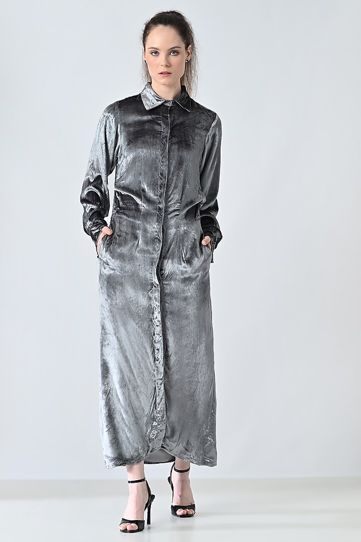 Grey Polyester Blend Shirt Vacation Dress by Samant Chauhan at Pernia's Pop Up Shop