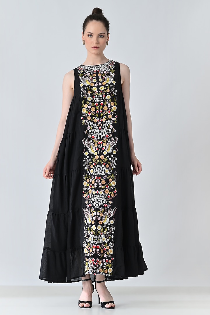 Black Cotton Silk Floral Embroidered Maxi Vacation Dress by Samant Chauhan at Pernia's Pop Up Shop