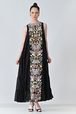 Black Cotton Silk Floral Embroidered Maxi Dress by Samant Chauhan