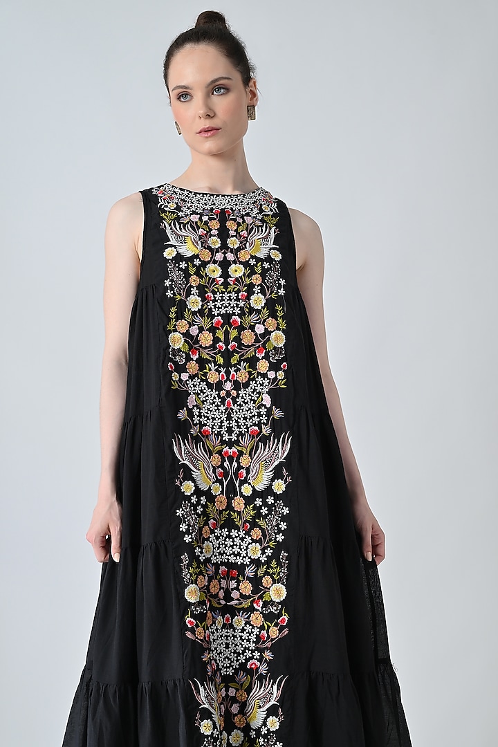 Black Cotton Silk Floral Embroidered Maxi Vacation Dress by Samant Chauhan at Pernia's Pop Up Shop