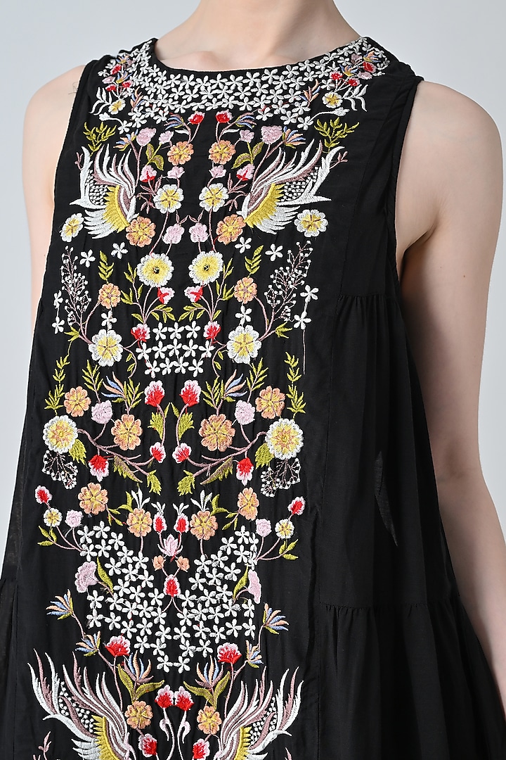 Black Cotton Silk Floral Embroidered Maxi Vacation Dress by Samant Chauhan at Pernia's Pop Up Shop