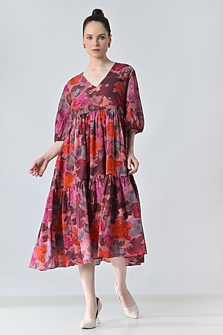 Red Cotton Viscose Floral Printed Midi Dress by Samant Chauhan