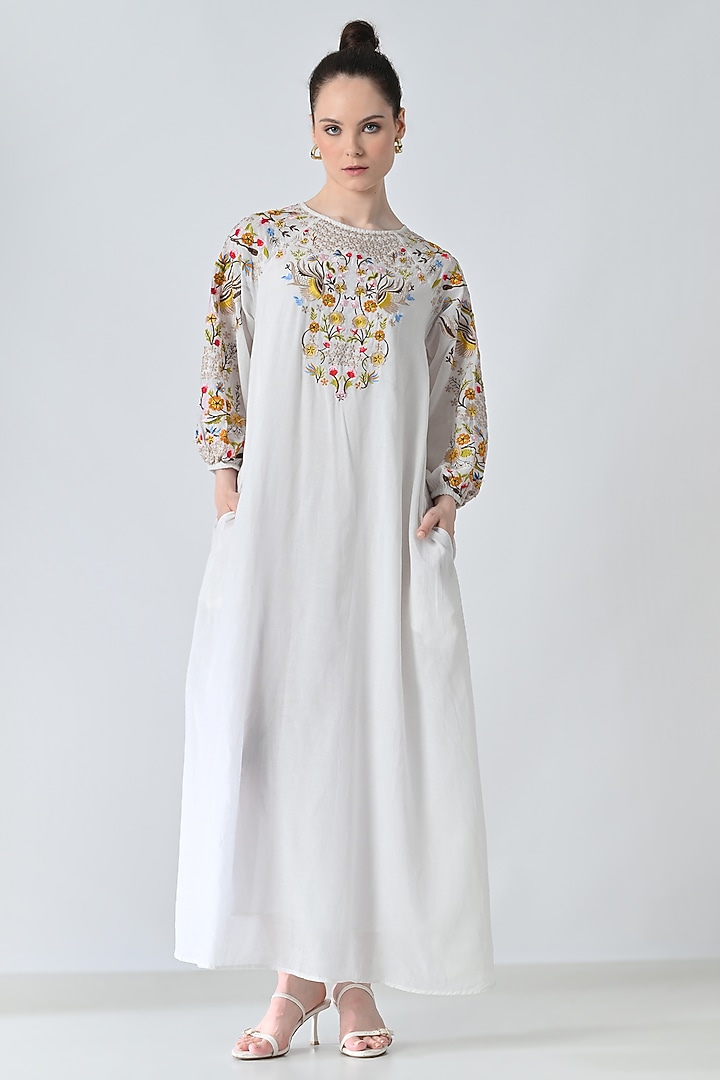Off-White Cotton Viscose Floral Embroidered Maxi Vacation Dress by Samant Chauhan at Pernia's Pop Up Shop