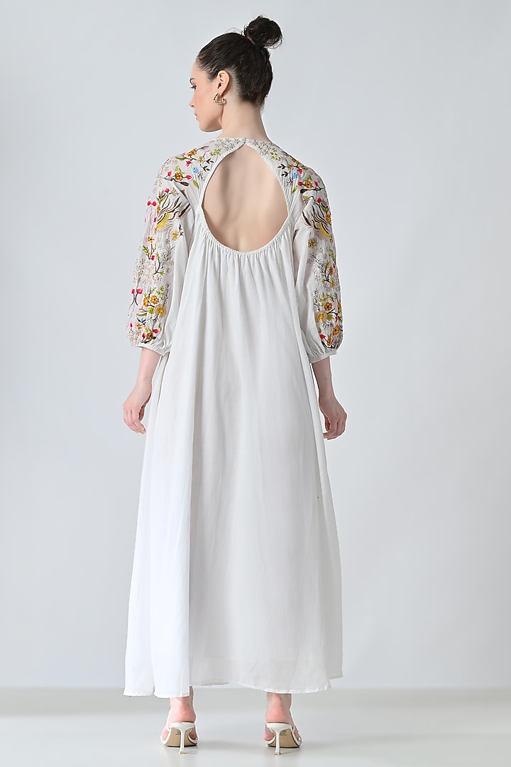 Off-White Cotton Viscose Floral Embroidered Maxi Vacation Dress by Samant Chauhan at Pernia's Pop Up Shop