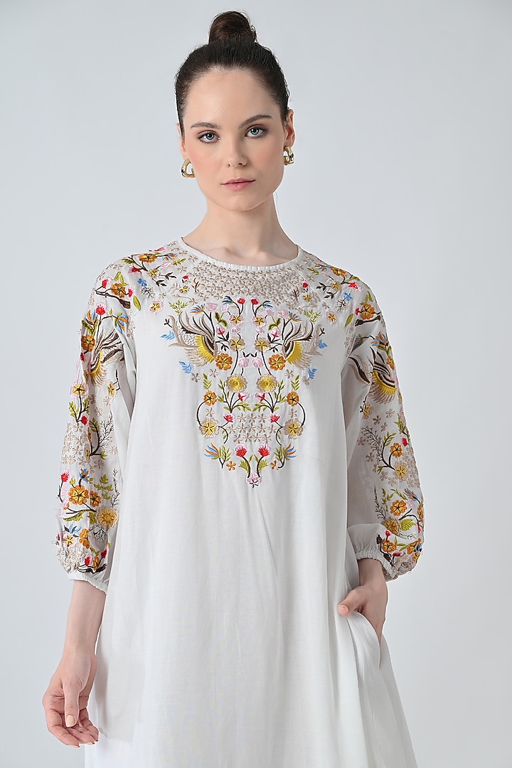 Off-White Cotton Viscose Floral Embroidered Maxi Vacation Dress by Samant Chauhan at Pernia's Pop Up Shop