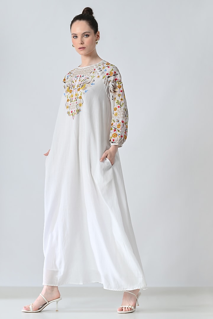 Off-White Cotton Viscose Floral Embroidered Maxi Vacation Dress by Samant Chauhan at Pernia's Pop Up Shop
