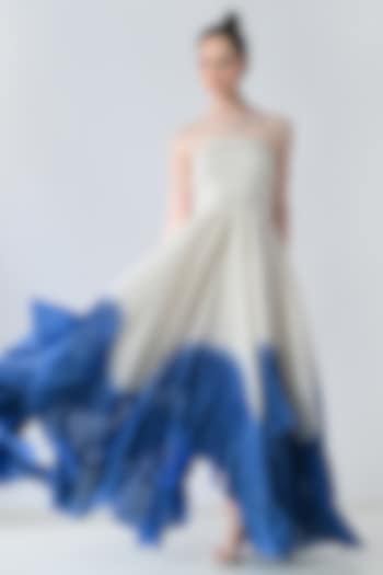 Off-White & Blue Cotton Silk Dyed Strapless Maxi Vacation Dress by Samant Chauhan at Pernia's Pop Up Shop
