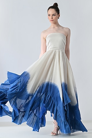 Off-White & Blue Cotton Silk Dyed Strapless Maxi Dress by Samant Chauhan