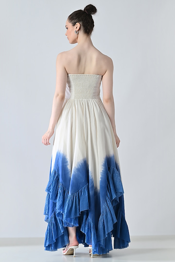 Off-White & Blue Cotton Silk Dyed Strapless Maxi Vacation Dress by Samant Chauhan at Pernia's Pop Up Shop