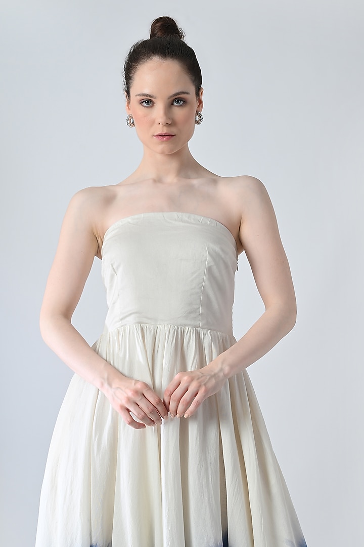 Off-White & Blue Cotton Silk Dyed Strapless Maxi Vacation Dress by Samant Chauhan at Pernia's Pop Up Shop