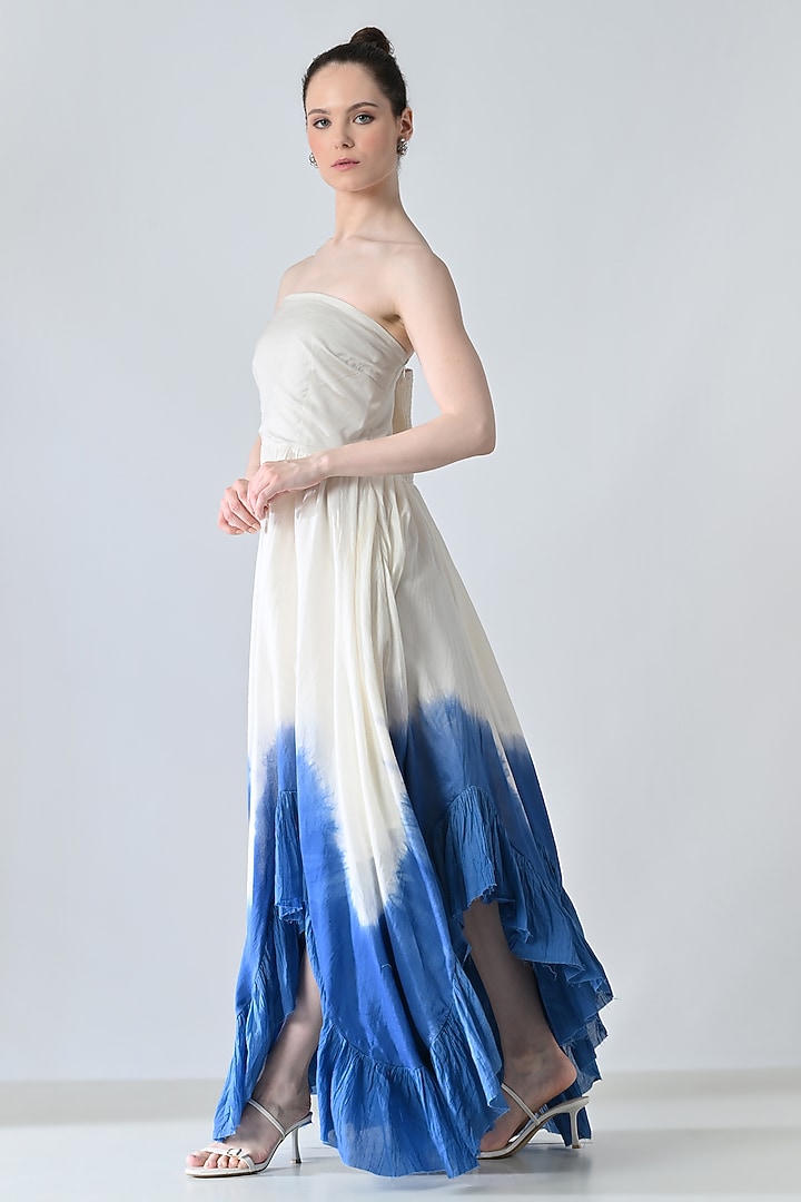 Off-White & Blue Cotton Silk Dyed Strapless Maxi Vacation Dress by Samant Chauhan at Pernia's Pop Up Shop