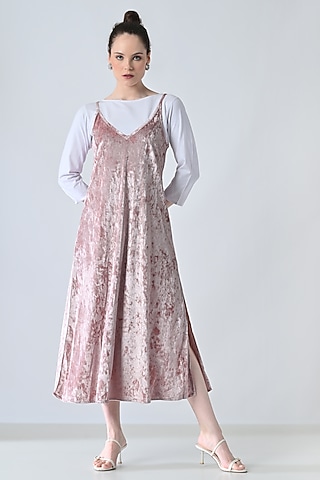 Blush Pink Velvet Strappy Dress by Samant Chauhan