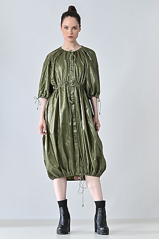 Olive Green Polyester Blend Balloon Midi Dress by Samant Chauhan