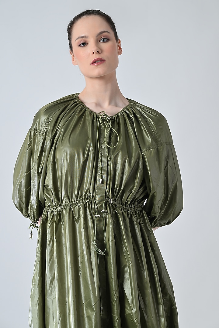 Olive Green Polyester Blend Balloon Midi Summer Dress by Samant Chauhan at Pernia's Pop Up Shop