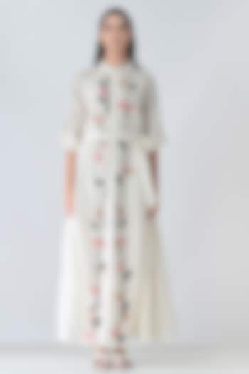 Off-White Cotton Silk Floral Embroidered Maxi Shirt Vacation Dress by Samant Chauhan at Pernia's Pop Up Shop