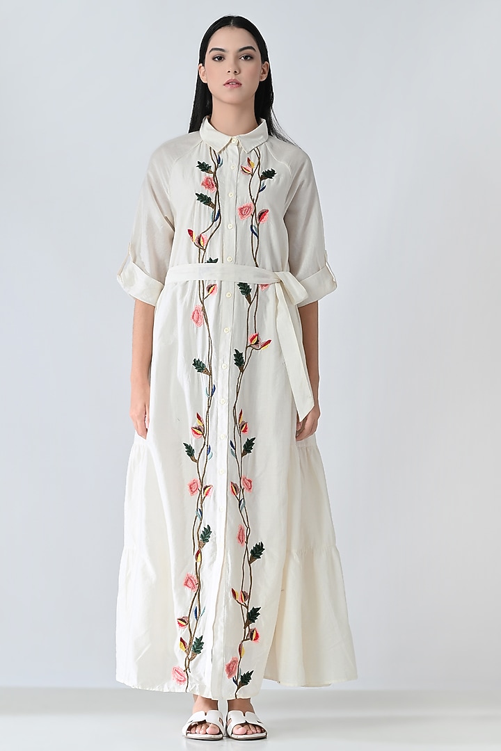 Off-White Cotton Silk Floral Embroidered Maxi Shirt Vacation Dress by Samant Chauhan at Pernia's Pop Up Shop