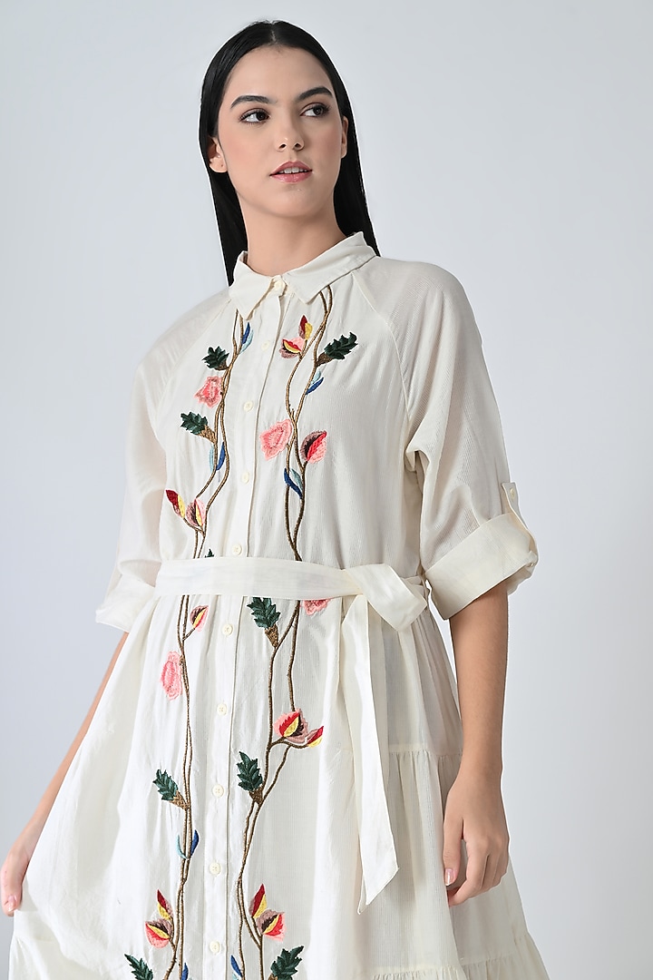 Off-White Cotton Silk Floral Embroidered Maxi Shirt Vacation Dress by Samant Chauhan at Pernia's Pop Up Shop
