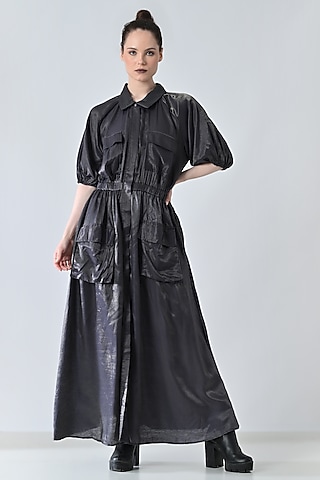 Midnight Black Polyester Blend Maxi Dress by Samant Chauhan