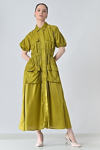 Olive Polyester Blend Gathered Maxi Dress by Samant Chauhan