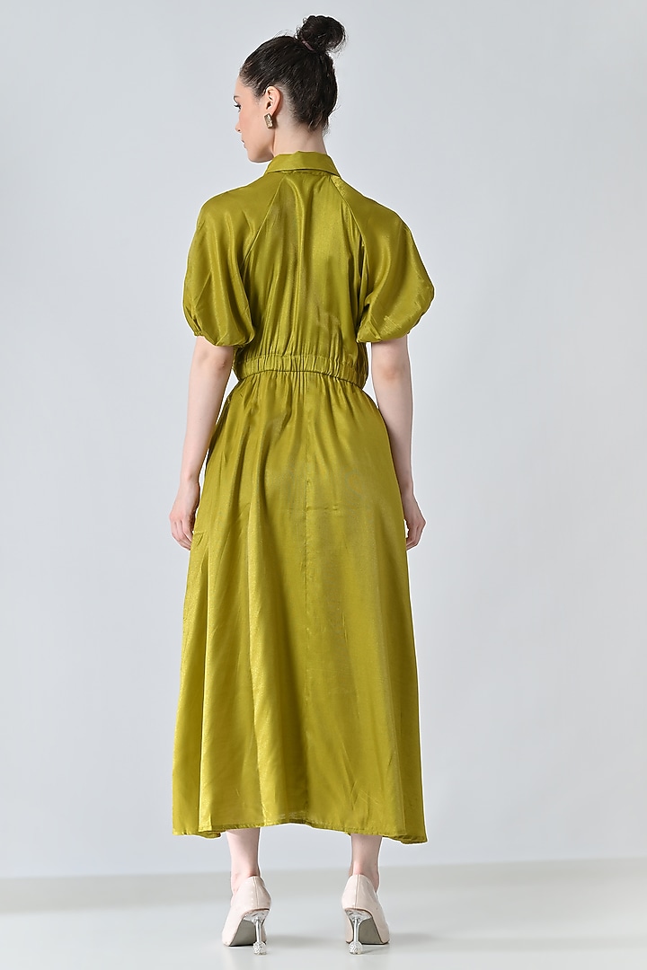 Olive Polyester Blend Gathered Maxi Vacation Dress by Samant Chauhan at Pernia's Pop Up Shop