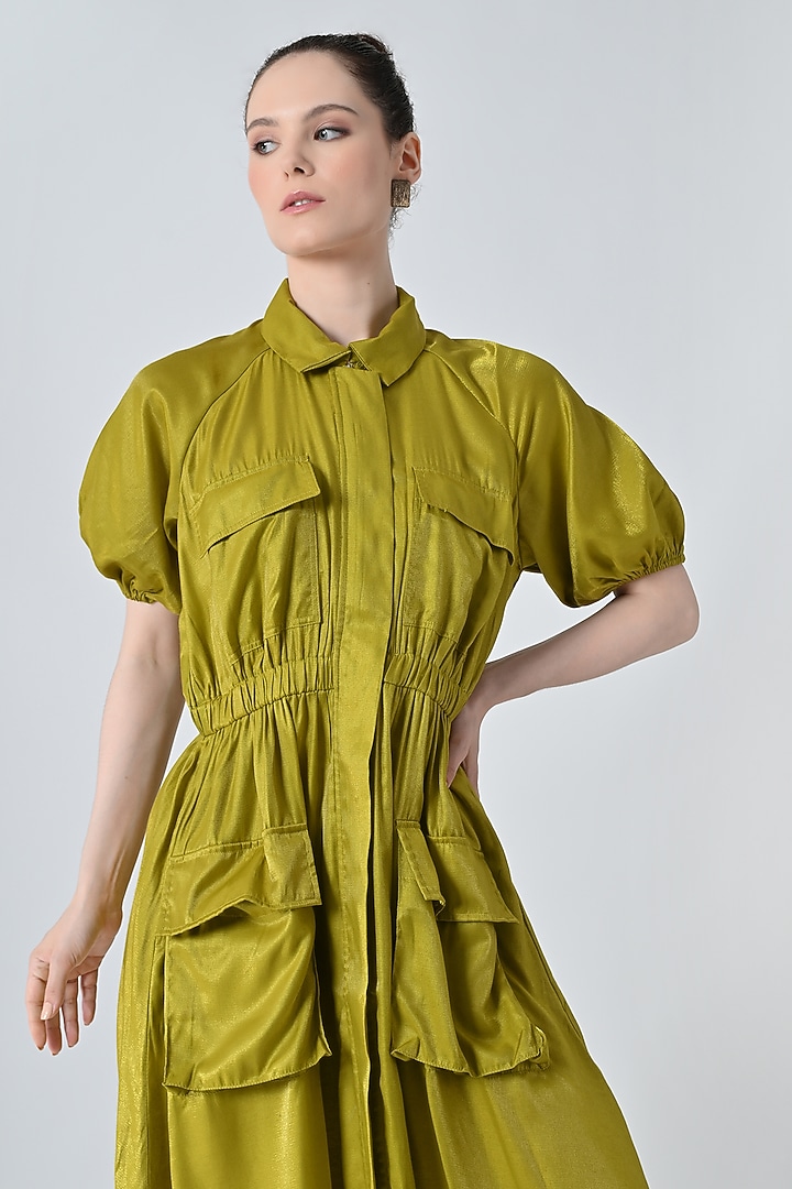 Olive Polyester Blend Gathered Maxi Vacation Dress by Samant Chauhan at Pernia's Pop Up Shop
