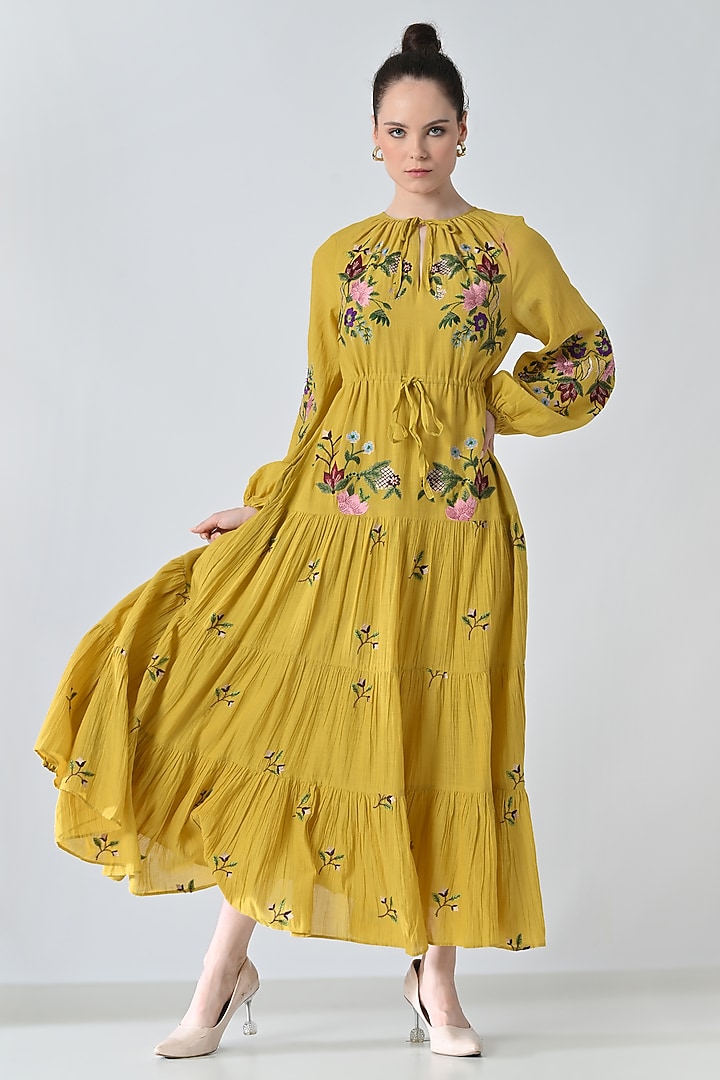 Yellow Cotton Silk Floral Embroidered Tiered Maxi Vacation Dress by Samant Chauhan at Pernia's Pop Up Shop