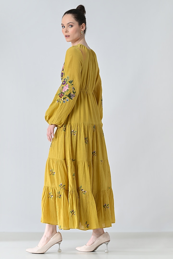 Yellow Cotton Silk Floral Embroidered Tiered Maxi Vacation Dress by Samant Chauhan at Pernia's Pop Up Shop