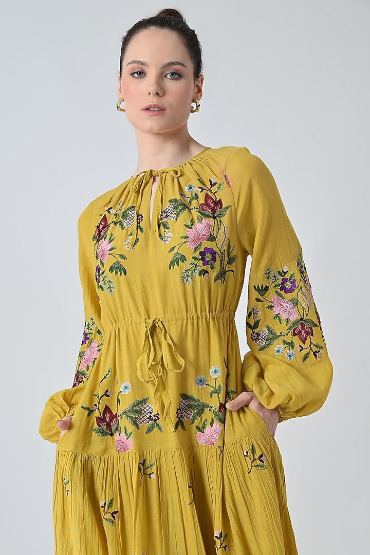 Yellow Cotton Silk Floral Embroidered Tiered Maxi Vacation Dress by Samant Chauhan at Pernia's Pop Up Shop