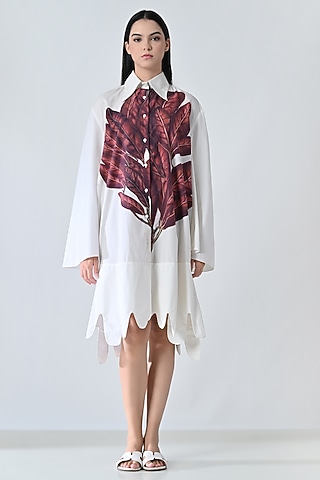 Off-White Cotton Silk Leaf Printed Shirt Dress by Samant Chauhan