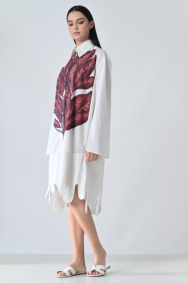 Off-White Cotton Silk Leaf Printed Shirt Summer Dress by Samant Chauhan at Pernia's Pop Up Shop