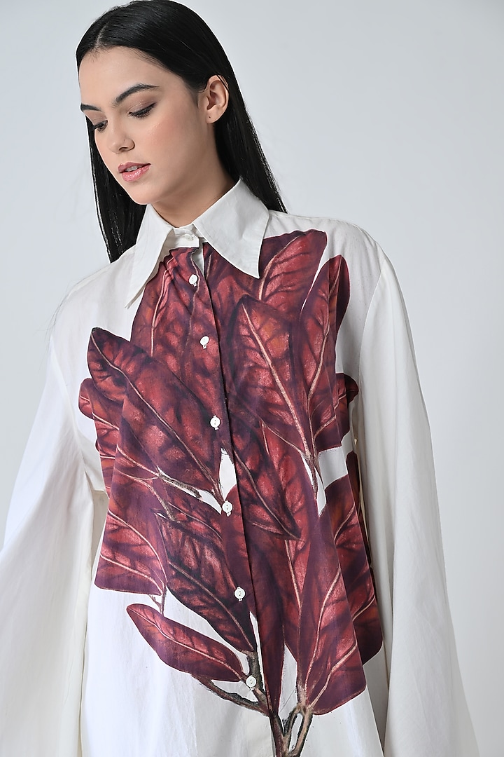 Off-White Cotton Silk Leaf Printed Shirt Summer Dress by Samant Chauhan at Pernia's Pop Up Shop