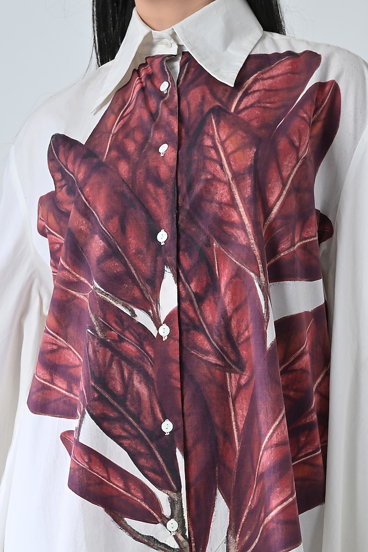Off-White Cotton Silk Leaf Printed Shirt Summer Dress by Samant Chauhan at Pernia's Pop Up Shop