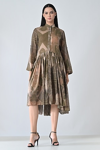 Beige Cotton Abstract Printed High-Low Dress by Samant Chauhan
