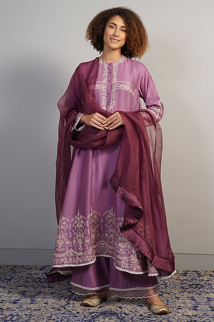 Deep Plum Purple Cotton Silk Thread Embroidered Kurta Set by Samant Chauhan at Pernia's Pop Up Shop