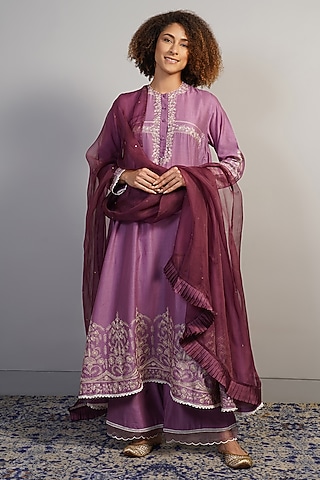 Deep Plum Purple Cotton Silk Thread Embroidered Kurta Set by Samant Chauhan