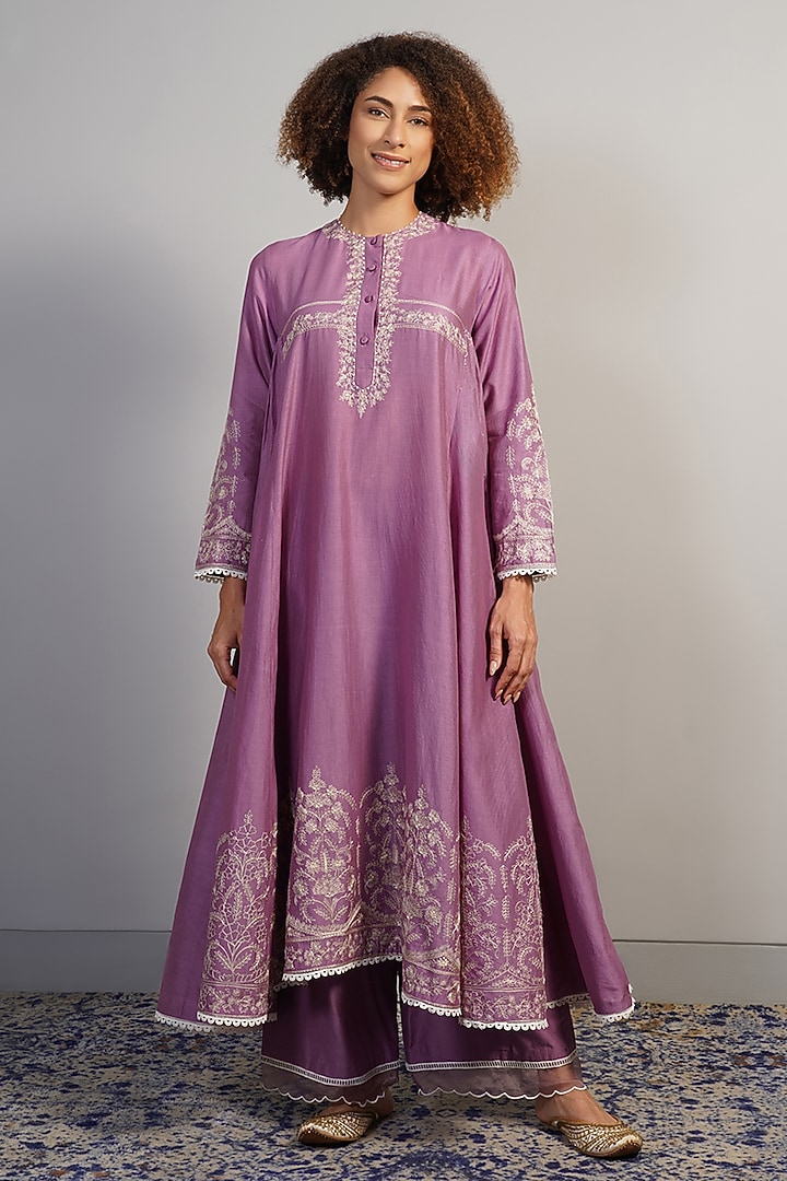Deep Plum Purple Cotton Silk Thread Embroidered Kurta Set by Samant Chauhan at Pernia's Pop Up Shop