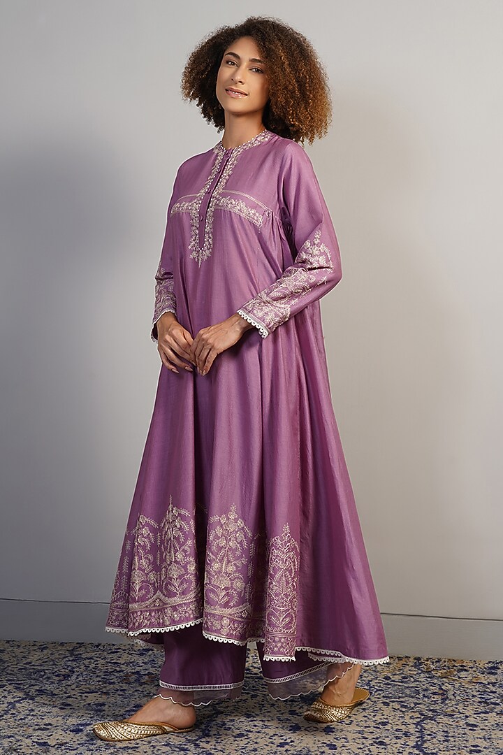 Deep Plum Purple Cotton Silk Thread Embroidered Kurta Set by Samant Chauhan at Pernia's Pop Up Shop